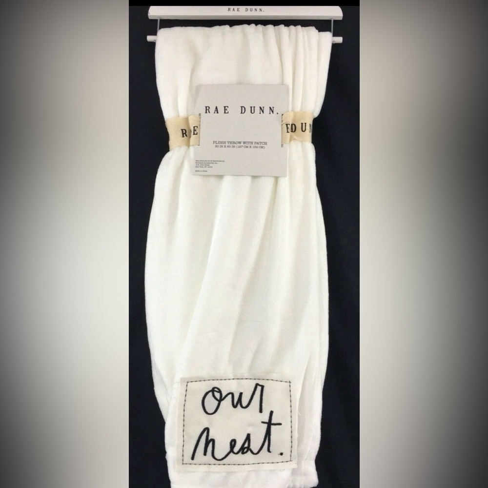 NWT RAE DUNN White Plush Patch Blanket/Throw ‘OUR NEST’ 50x70